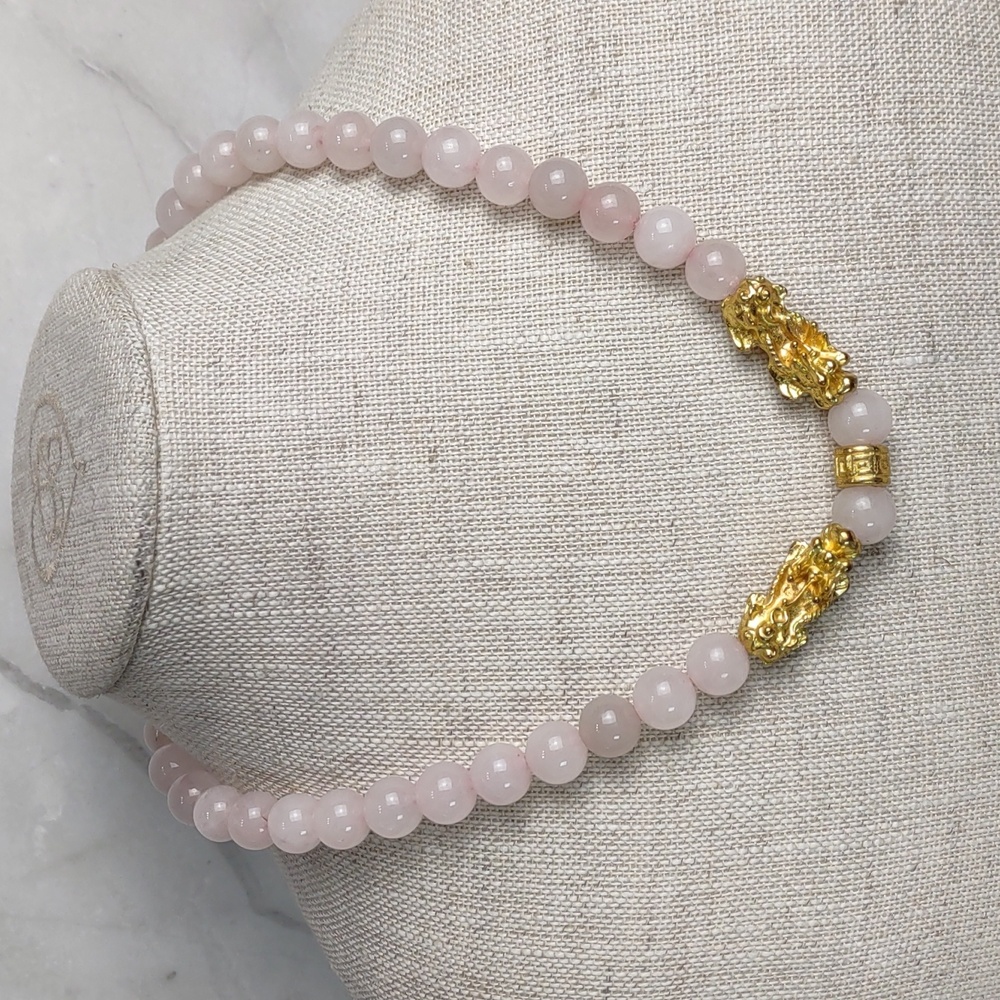 PIXIU Rose Quartz/Golden Dragons Necklace.
